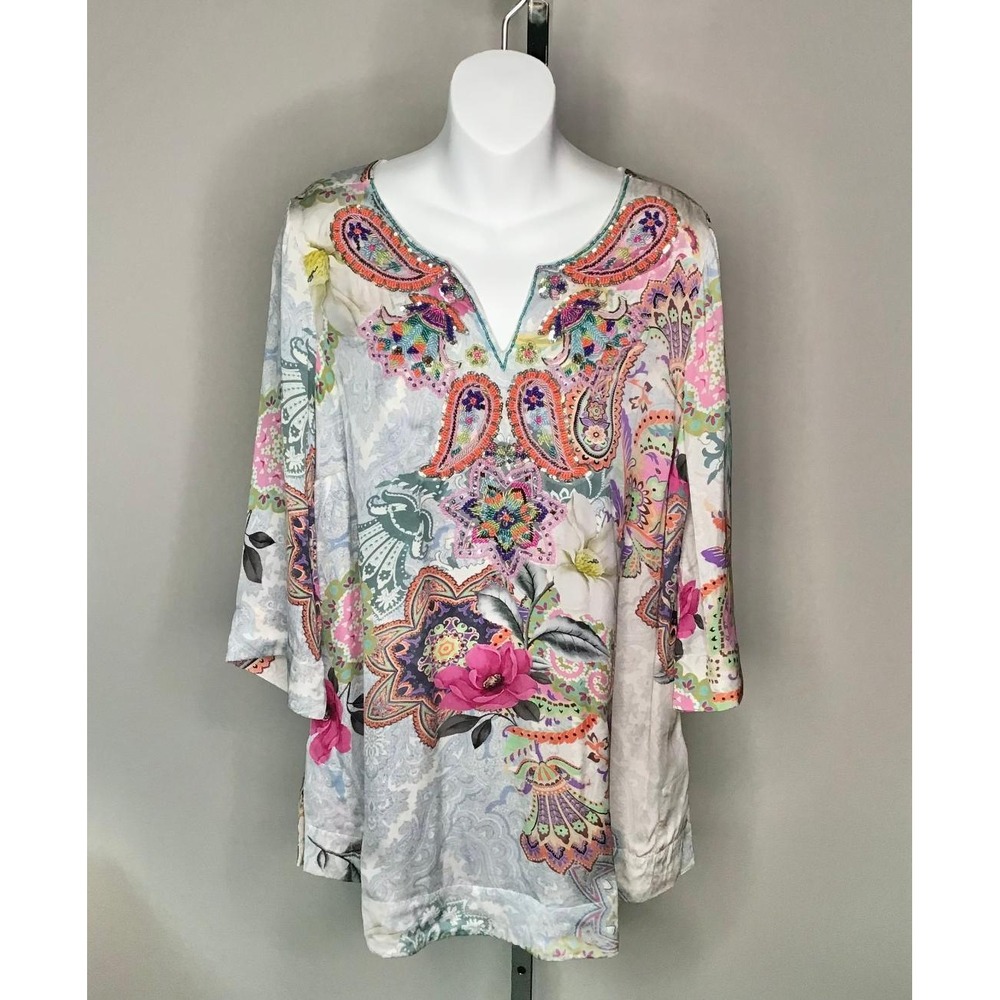 Soft Surroundings Beaded Paisley Floral Tunic Top Petite/M Boho Vacation Resort